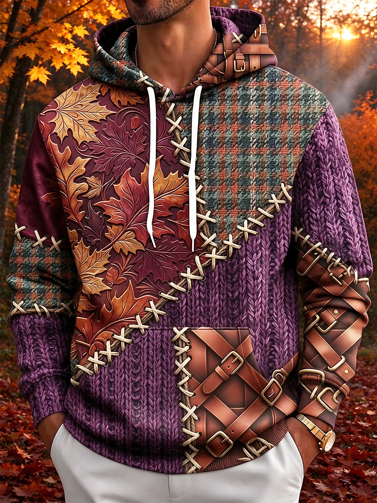 Oceanlyte Men's Autumn Maple Leaves And Leather Straps Print Long Sleeve Hoodie