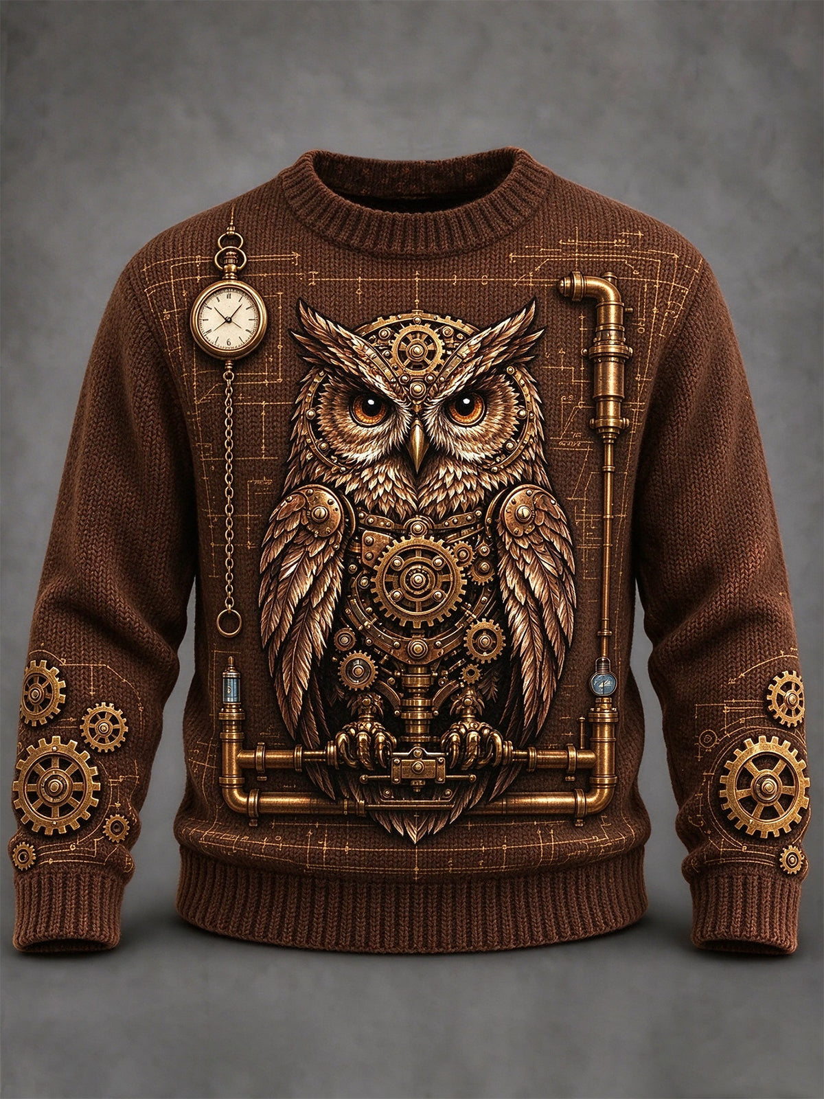 Oceanlyte Men's Long Sleeve Crew Neck Sweater - Steampunk Owl With Gears And Clockwork Print
