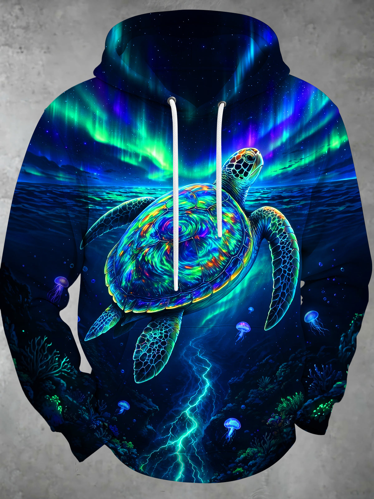 Oceanlyte Men's Iridescent Sea Turtle And Jellyfish Print Long Sleeve Hoodie