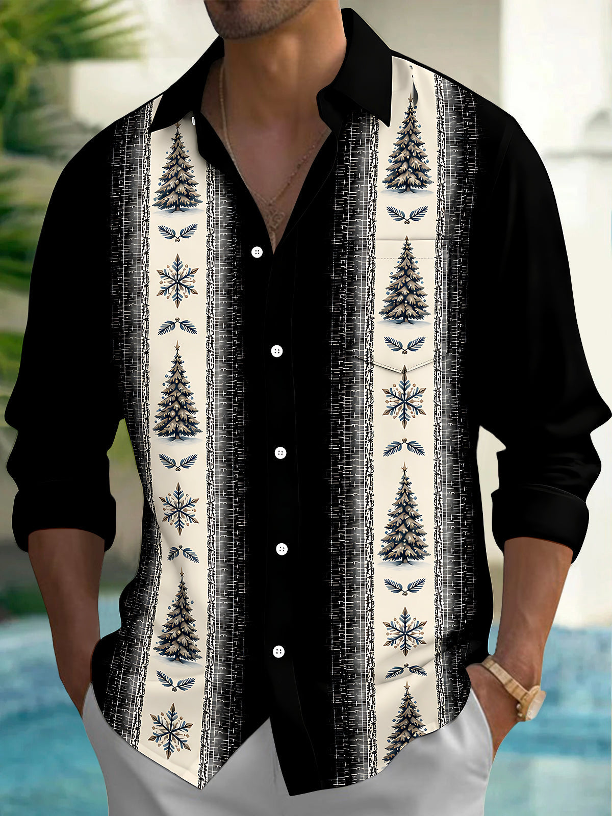 Oceanlyte Men's Printed Christmas Trees And Snowflakes Print Long Sleeve Shirt with Chest Pocket