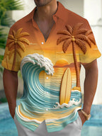 Oceanlyte Men's Palm Tree And Surfboard Sunset Wave Print Short Sleeve Shirt with Chest Pocket