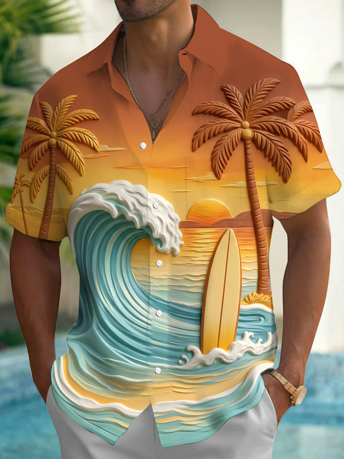 Oceanlyte Men's Palm Tree And Surfboard Sunset Wave Print Short Sleeve Shirt with Chest Pocket