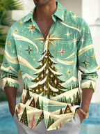 Oceanlyte Men's Christmas Tree And Winter Landscape Print Long Sleeve Shirt with Chest Pocket