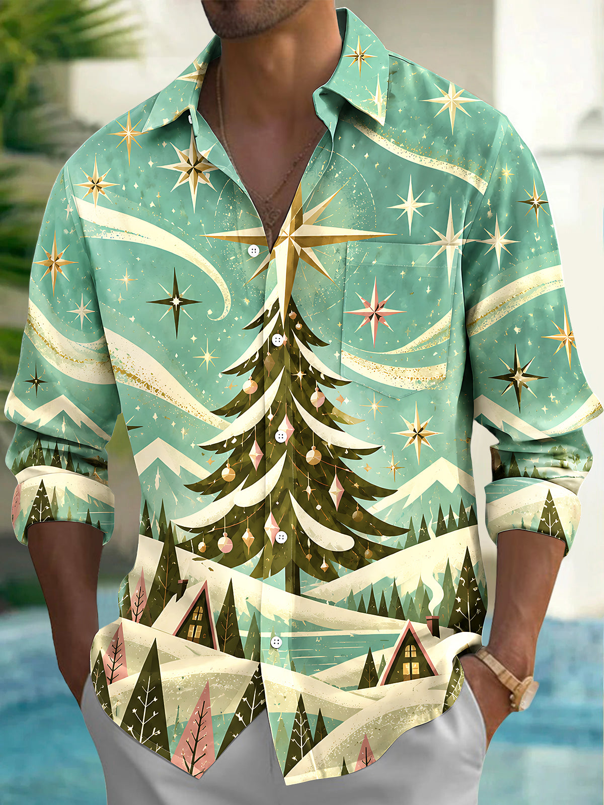 Oceanlyte Men's Christmas Tree And Winter Landscape Print Long Sleeve Shirt with Chest Pocket