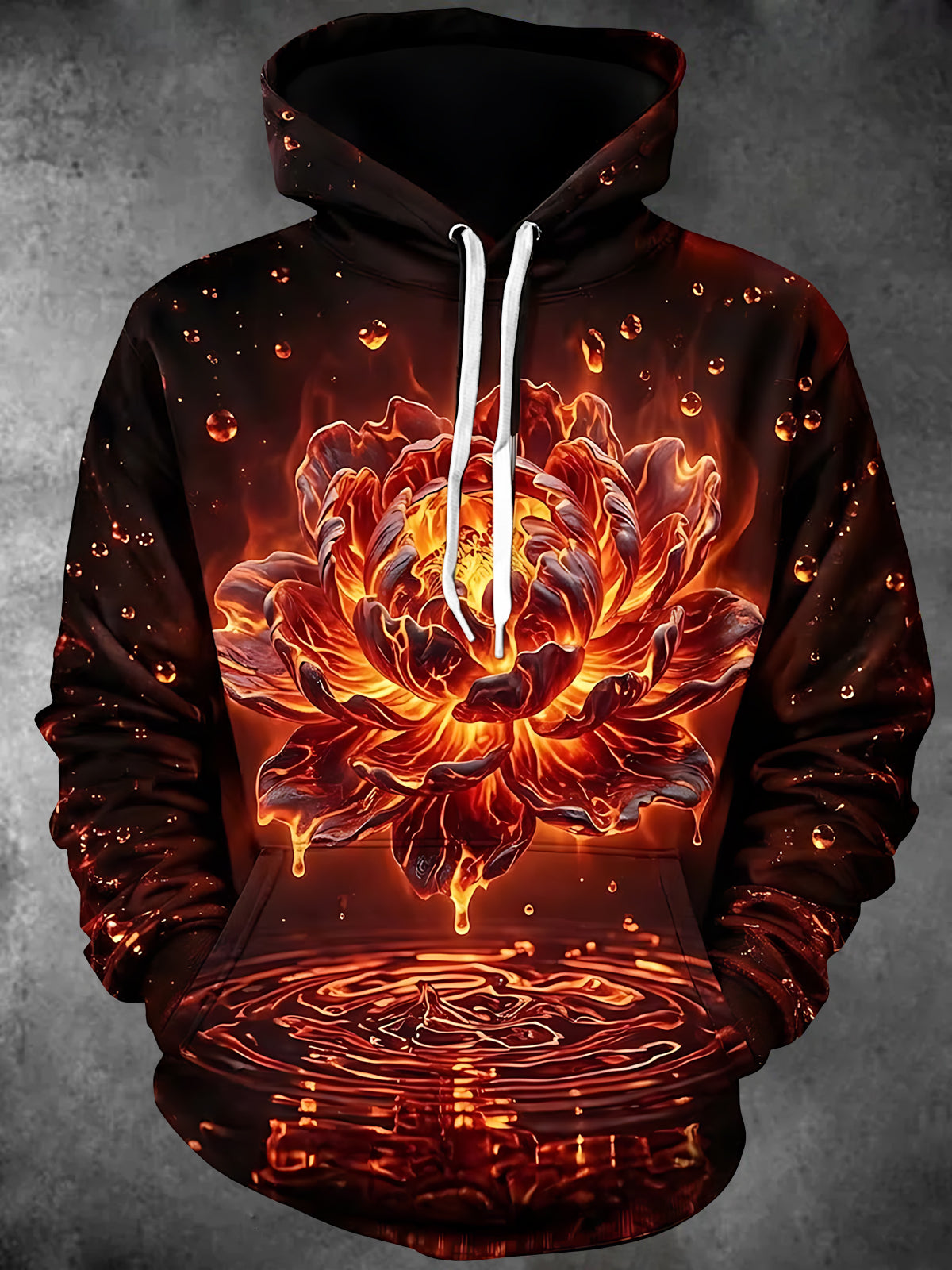 Oceanlyte Men's Long Sleeve Hoodie - Flaming Flower With Lava Drips And Water Ripples Print