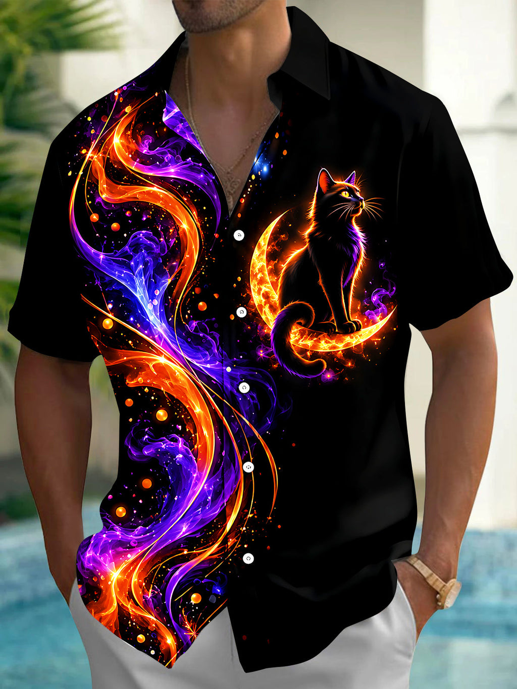 Oceanlyte Men's Halloween Black Cat On Crescent Moon Print Short Sleeve Shirt with Chest Pocket