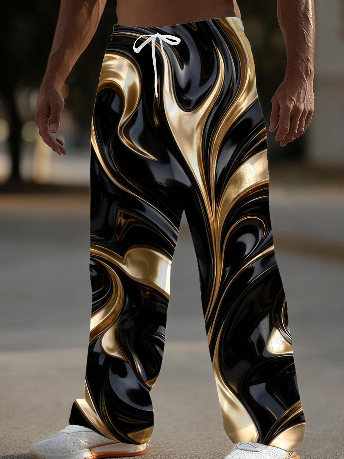 Oceanlyte Men's Patterned Abstract Swirling Gold And Black Liquid Pattern Pants