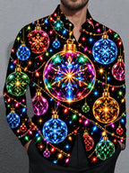Oceanlyte Men's Graphic Christmas Ornaments And Lights Print Long Sleeve Shirt with Chest Pocket
