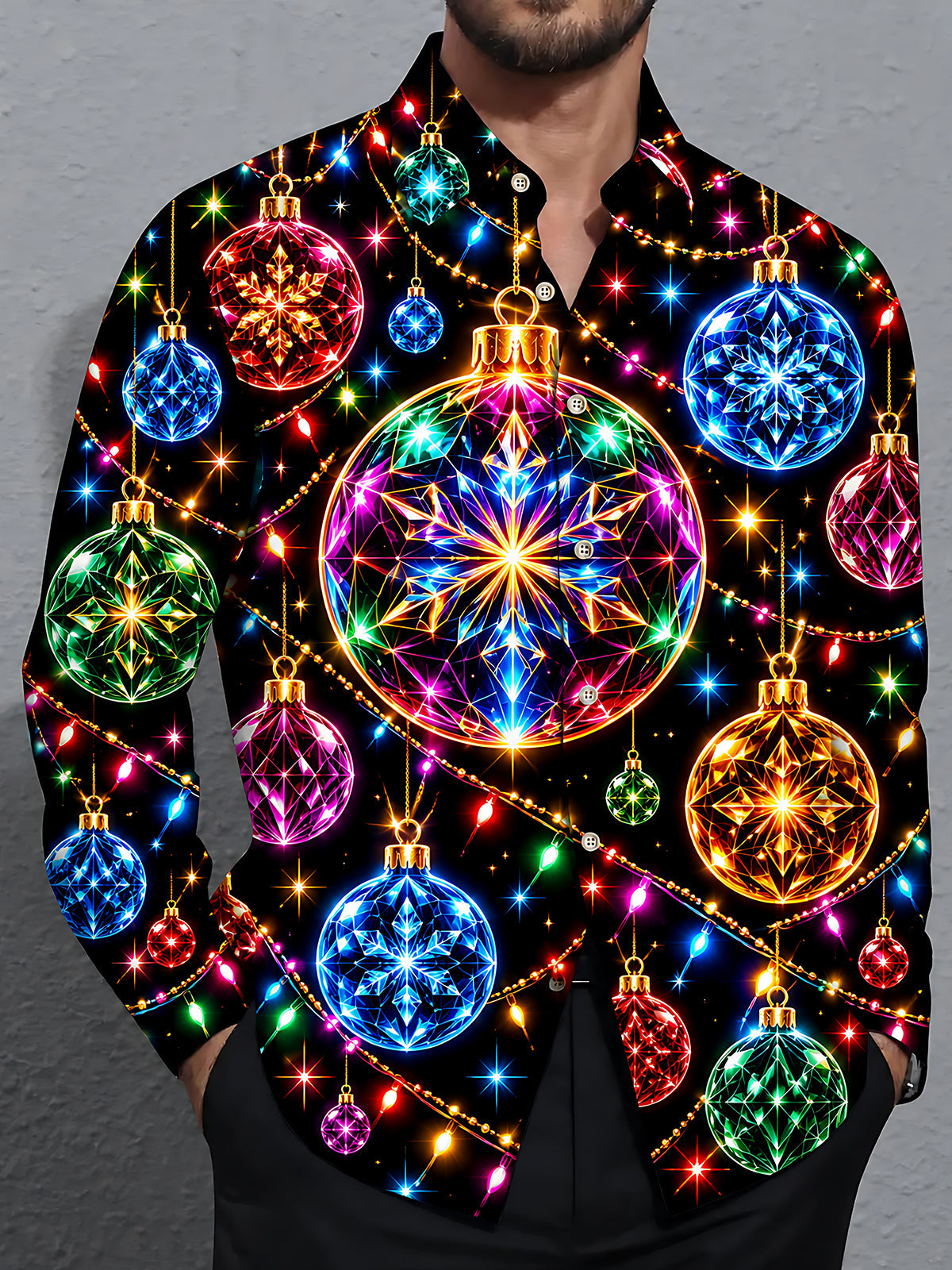 Oceanlyte Men's Graphic Christmas Ornaments And Lights Print Long Sleeve Shirt with Chest Pocket