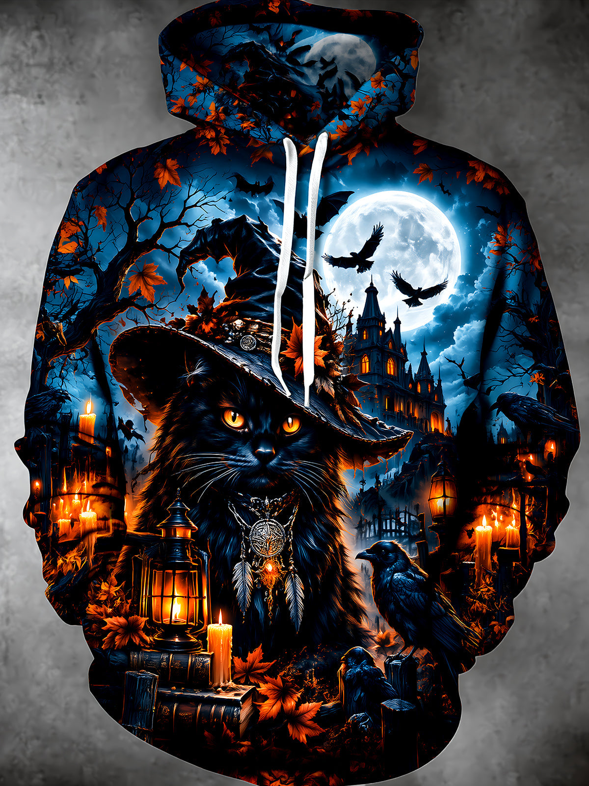 Oceanlyte Men's Long Sleeve Hoodie - Halloween Black Cat Witch And Gothic Castle Print