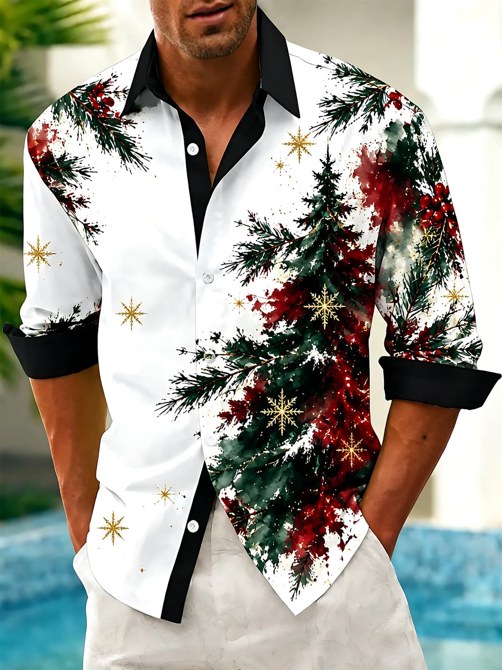 Oceanlyte Men's Watercolor Christmas Tree And Snowflakes Print Long Sleeve Shirt with Chest Pocket