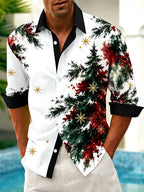 Oceanlyte Men's Watercolor Christmas Tree And Snowflakes Print Long Sleeve Shirt with Chest Pocket