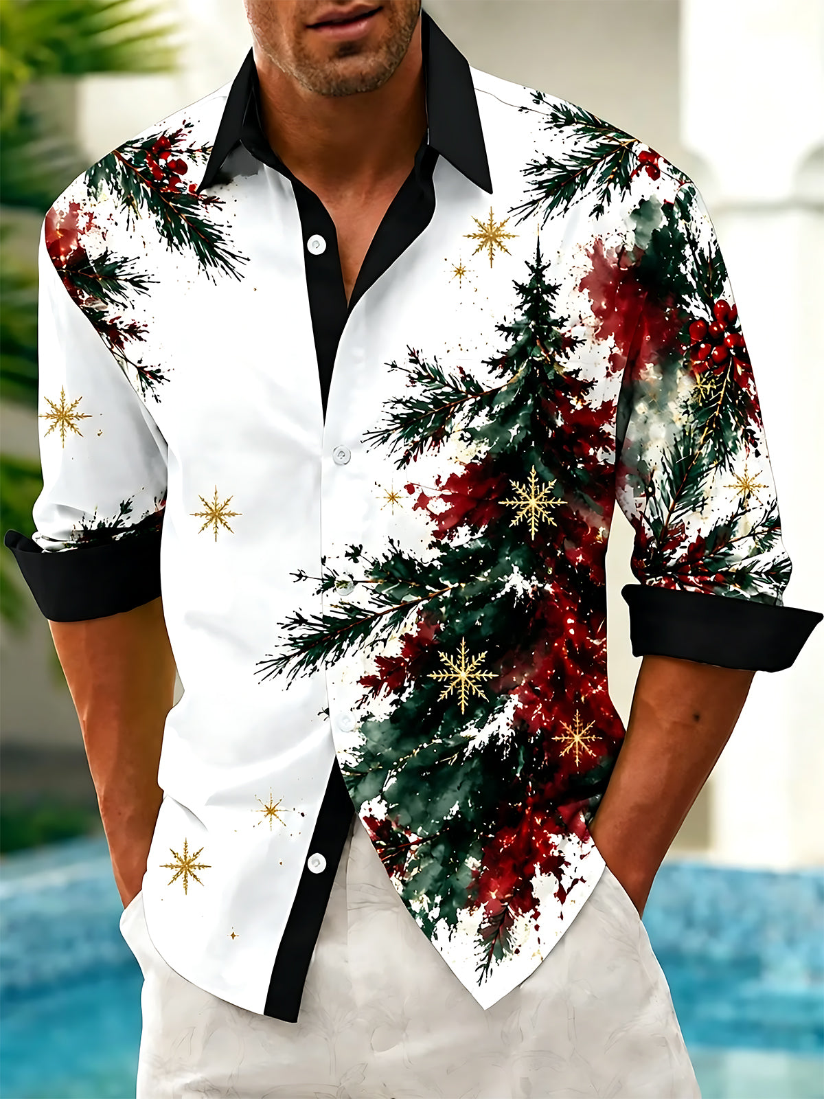 Oceanlyte Men's Watercolor Christmas Tree And Snowflakes Print Long Sleeve Shirt with Chest Pocket