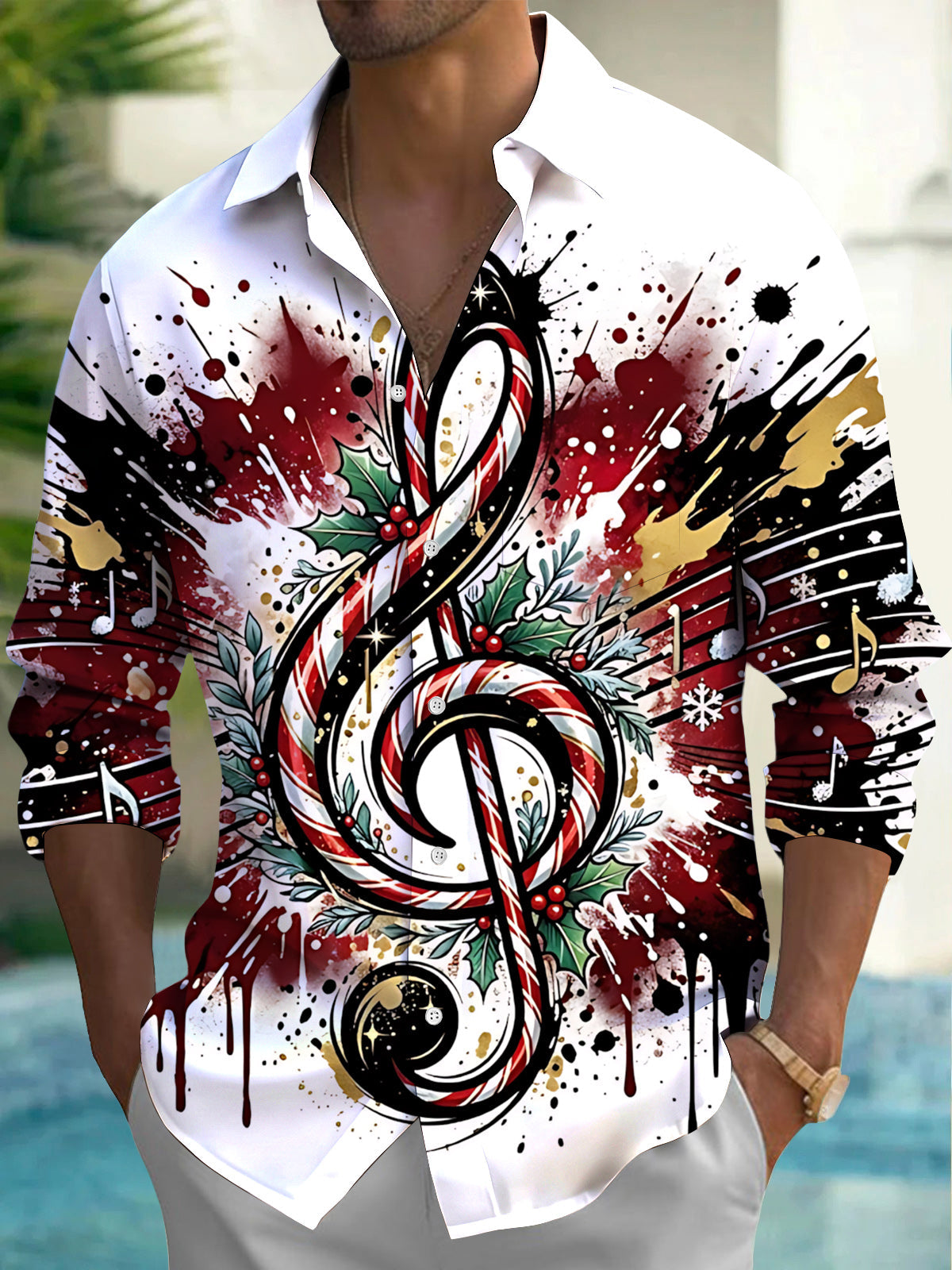 Oceanlyte Men's Long Sleeve Shirt - Christmas Candy Cane Treble Clef And Holly Print with Chest Pocket