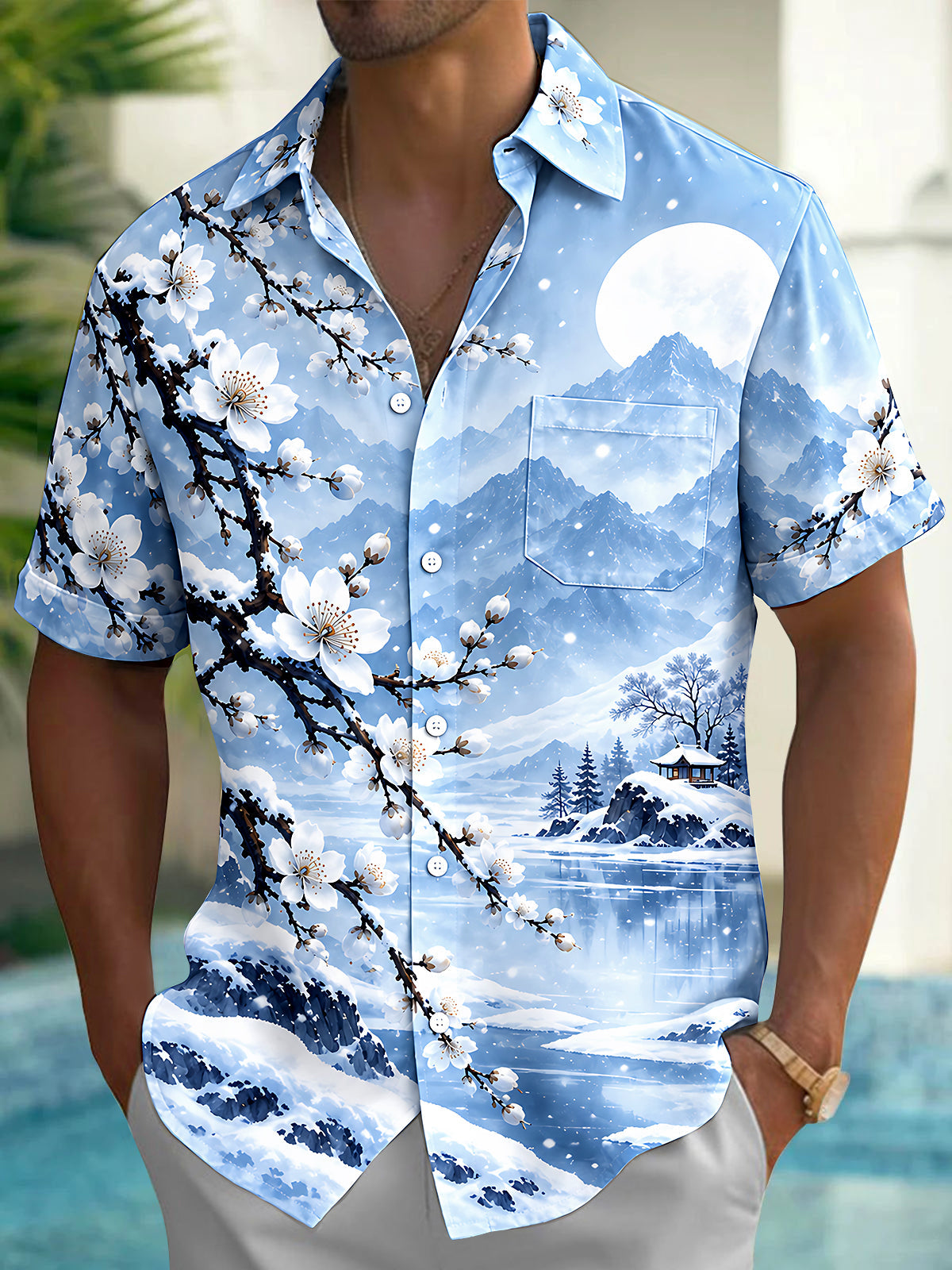 Oceanlyte Men's Short Sleeve Shirt - Winter Snowy Landscape With Cherry Blossoms Print with Chest Pocket