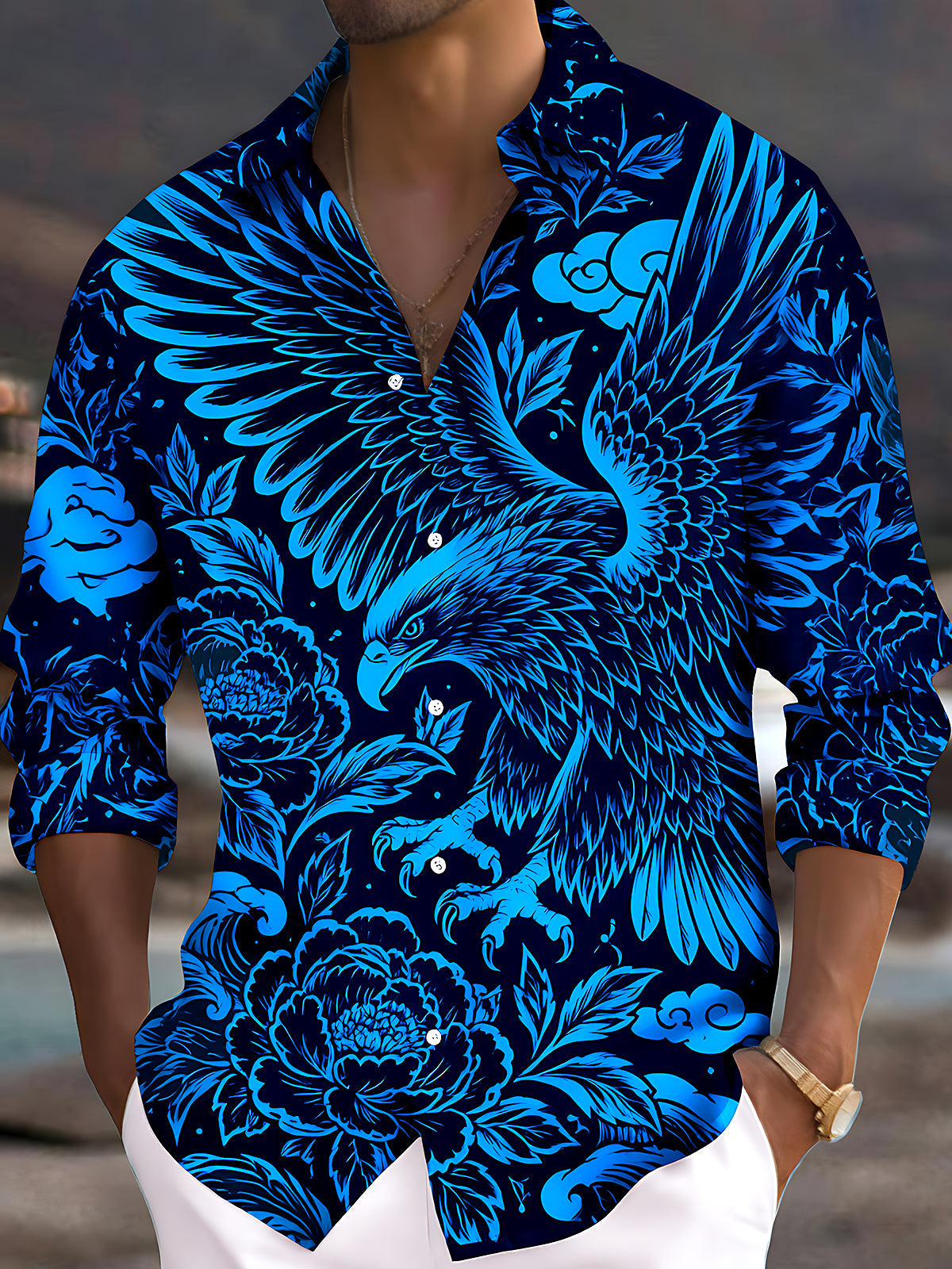 Oceanlyte Men's Floral Eagle And Floral Pattern Long Sleeve Shirt with Chest Pocket