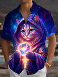 Oceanlyte Men's Short Sleeve Shirt - Colorful Hooded Cat With Crystal Ball And Cross Print with Chest Pocket
