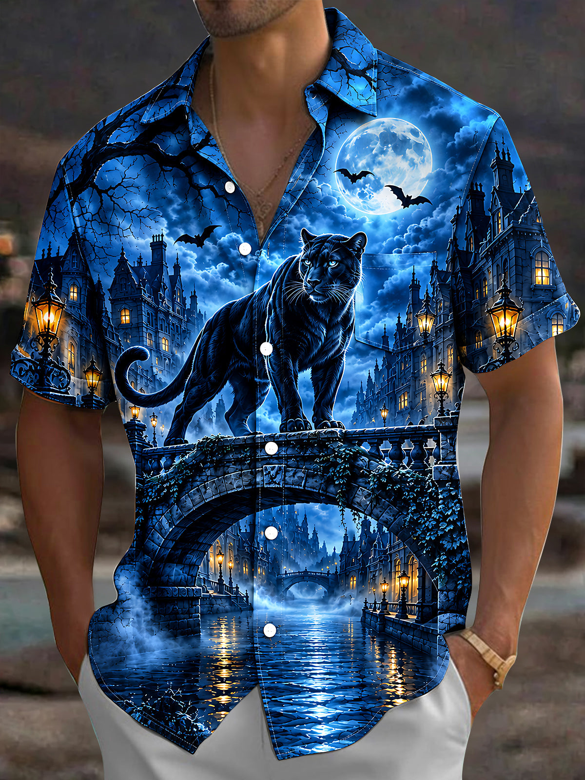 Oceanlyte Men's Short Sleeve Shirt - Halloween Black Panther On Bridge With Moon And Bats Print with Chest Pocket
