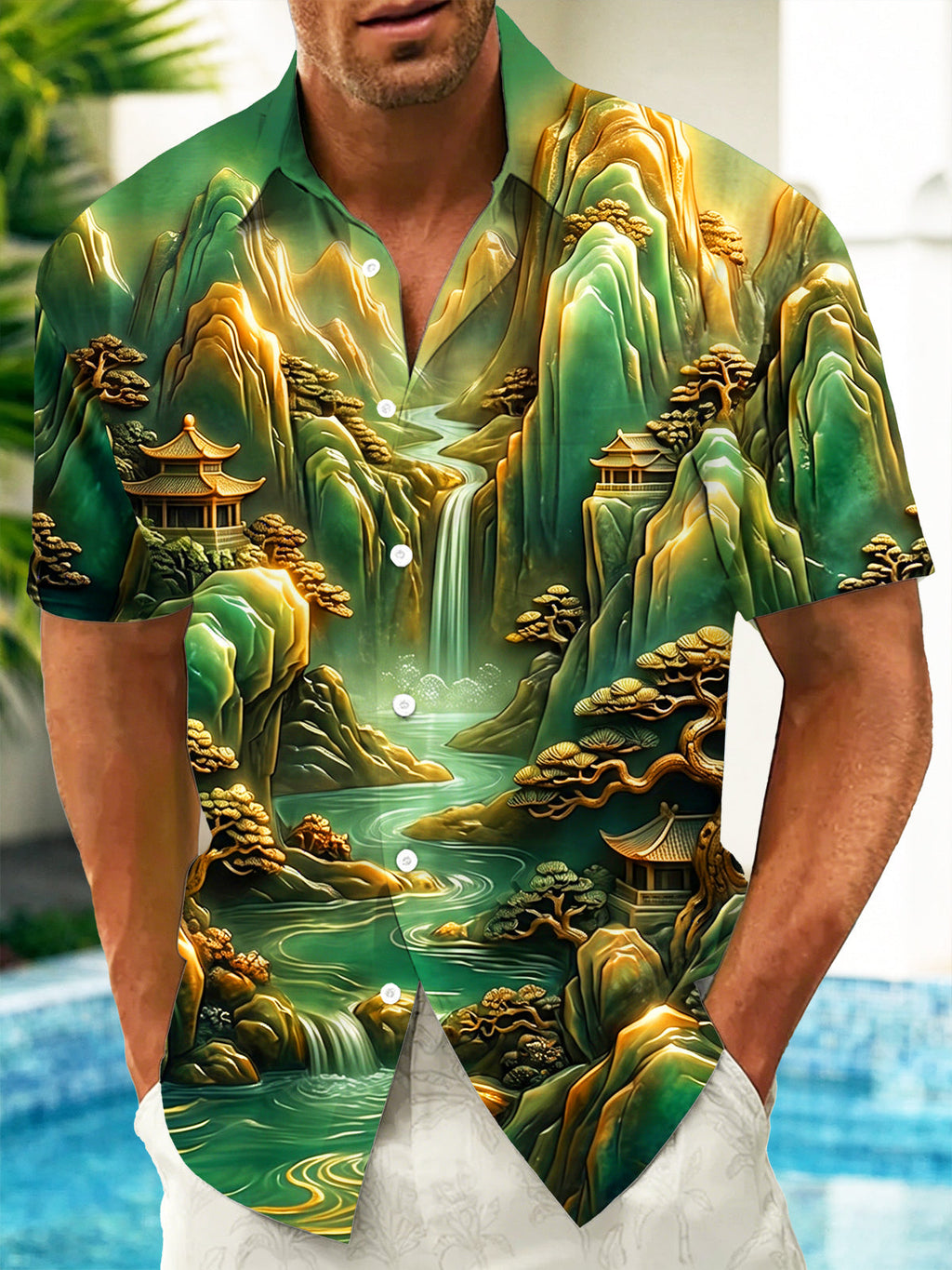 Oceanlyte Men's Short Sleeve Shirt - Asian Landscape With Mountains And Waterfall Print with Chest Pocket