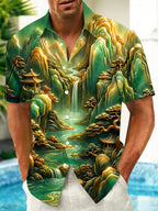 Oceanlyte Men's Short Sleeve Shirt - Asian Landscape With Mountains And Waterfall Print with Chest Pocket