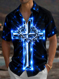 Oceanlyte Men's Glowing Blue Cross And Crown Of Thorns Print Short Sleeve Shirt with Chest Pocket