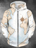 Oceanlyte Men's Long Sleeve Zip-Up Hoodie - Vintage World Map And Compass Rose Print with Kangaroo Pocket