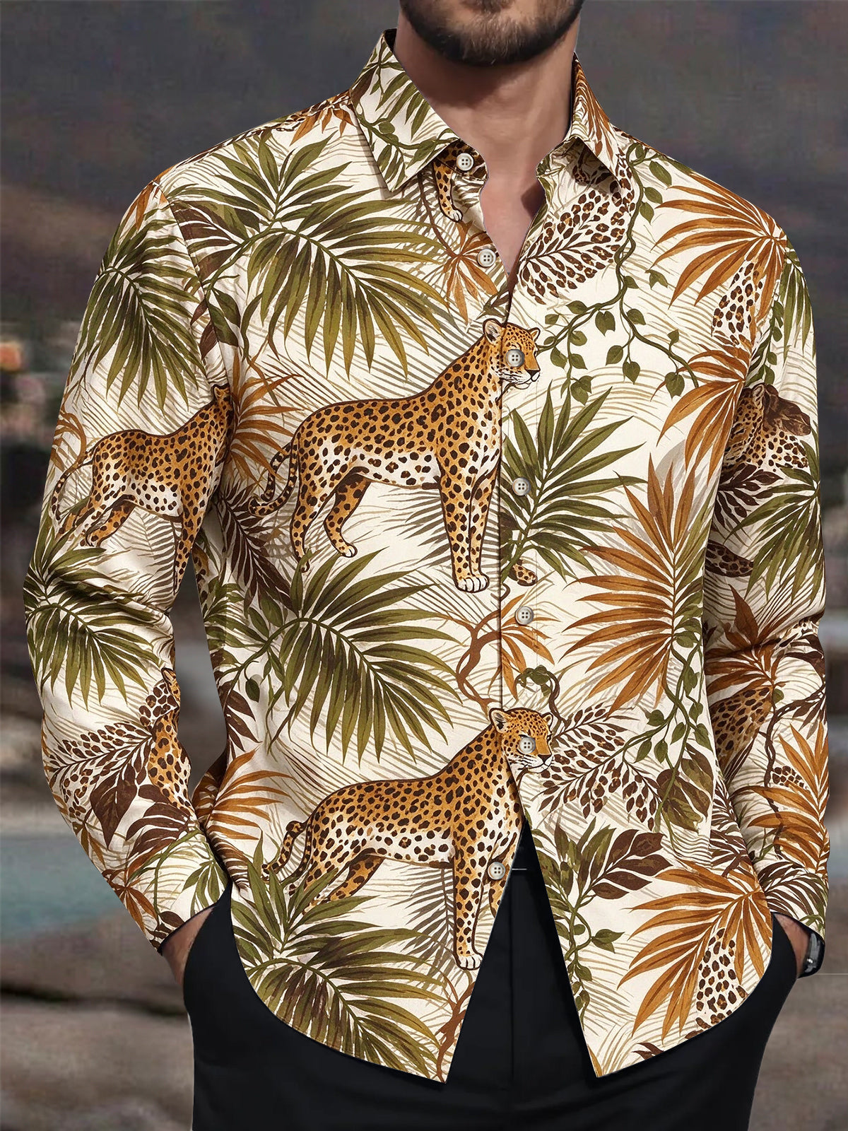 Oceanlyte Men's Hawaiian Leopard And Palm Leaves Print Long Sleeve Shirt with Chest Pocket