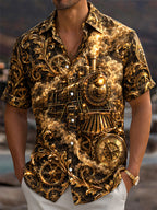 Oceanlyte Men's Vintage Steam Train And Pocket Watch Print Short Sleeve Shirt with Chest Pocket