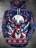 Oceanlyte Men's Long Sleeve Hoodie - Christmas Deer And Snowy Forest With Snowflakes Print