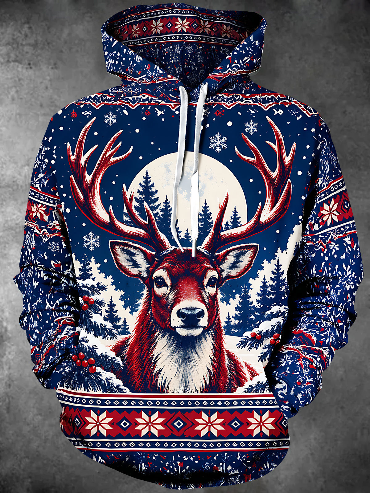 Oceanlyte Men's Long Sleeve Hoodie - Christmas Deer And Snowy Forest With Snowflakes Print