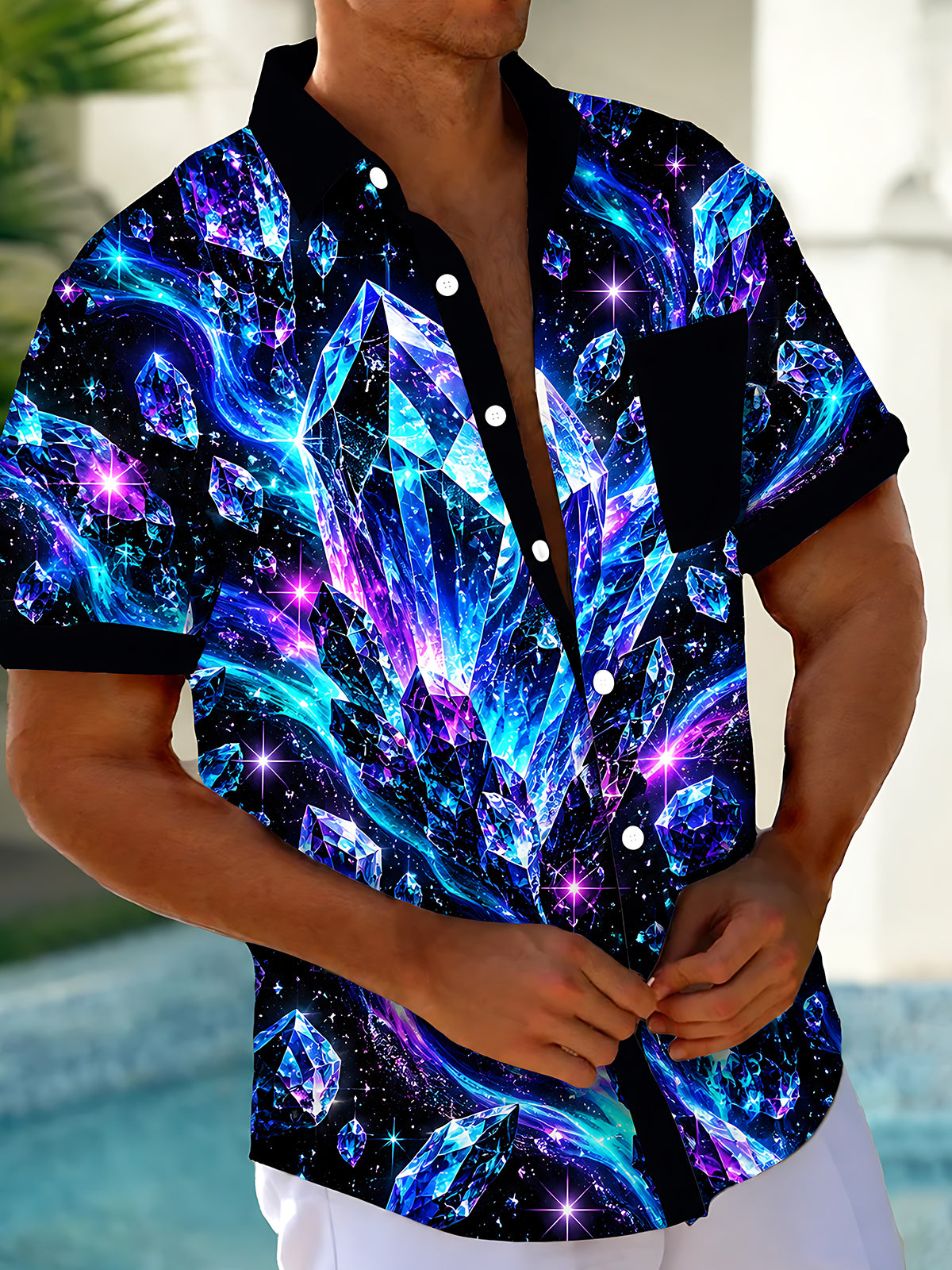 Oceanlyte Men's Hawaiian Crystal Gems And Galaxy Nebula Print Short Sleeve Shirt with Chest Pocket