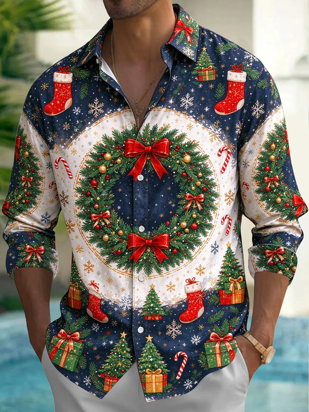 Oceanlyte Men's Christmas Wreath With Red Bows Print Long Sleeve Shirt with Chest Pocket