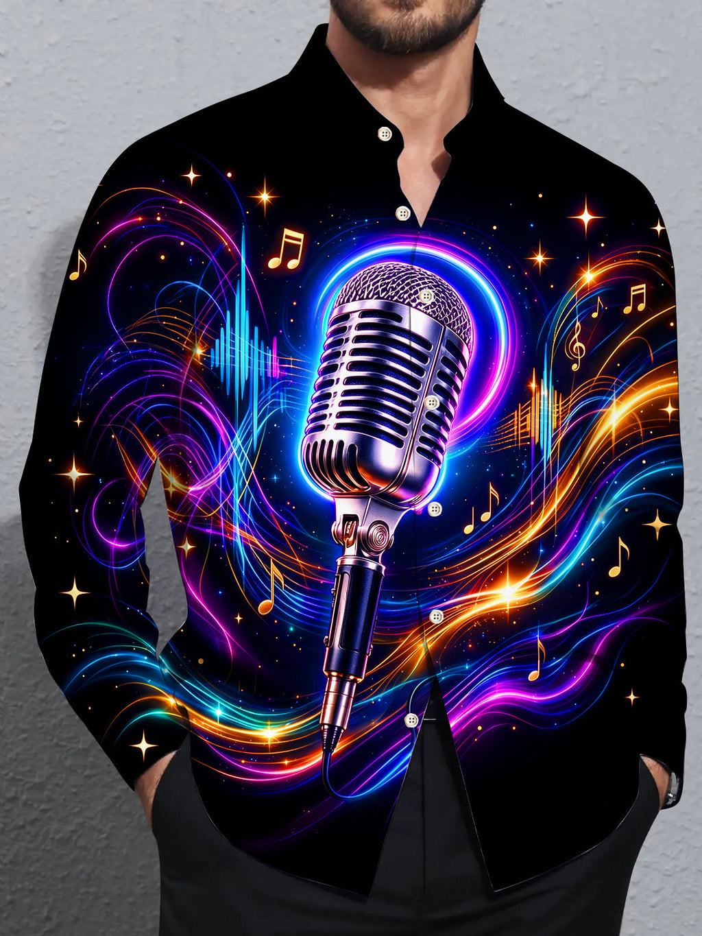 Oceanlyte Men's Long Sleeve Shirt - Vintage Microphone With Neon Music Notes And Sound Waves Print with Chest Pocket
