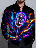 Oceanlyte Men's Long Sleeve Shirt - Vintage Microphone With Neon Music Notes And Sound Waves Print with Chest Pocket