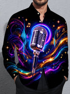 Oceanlyte Men's Long Sleeve Shirt - Vintage Microphone With Neon Music Notes And Sound Waves Print with Chest Pocket