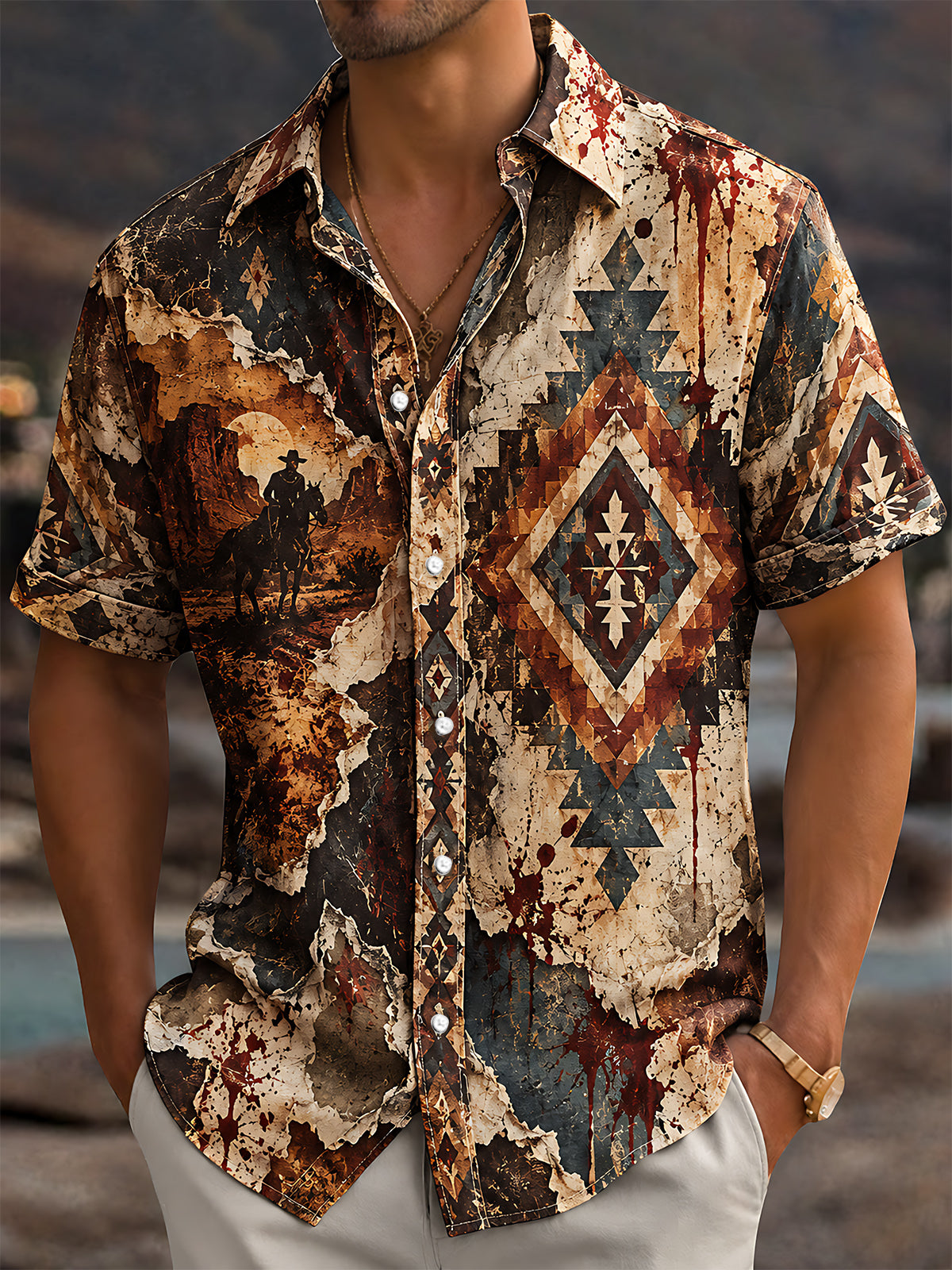 Oceanlyte Men's Short Sleeve Shirt - Western Cowboy On Horseback And Geometric Patterns Print with Chest Pocket