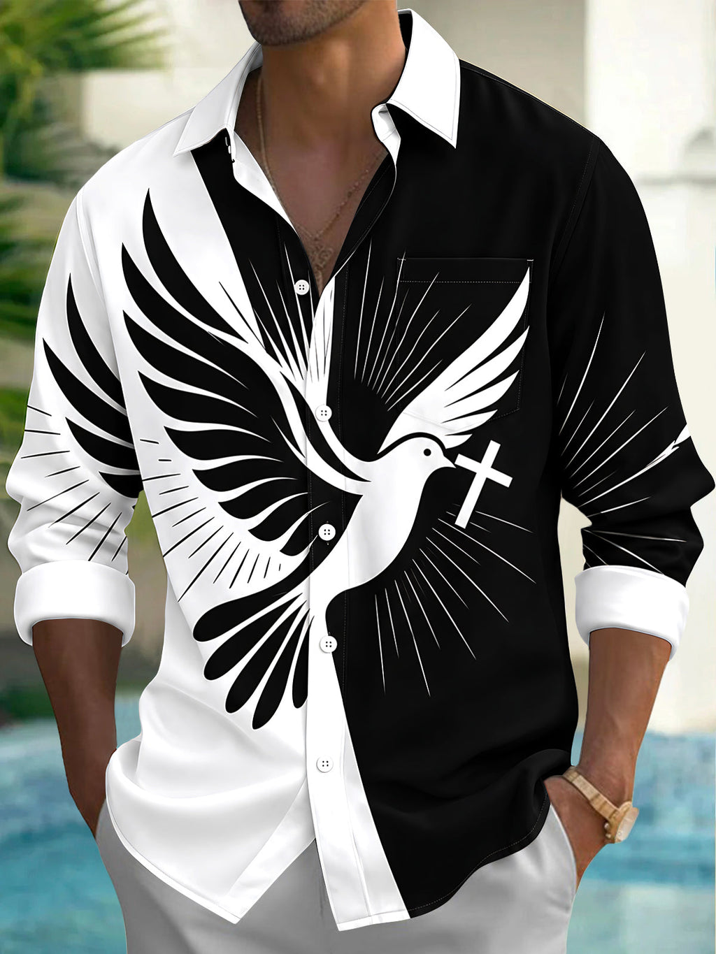 Oceanlyte Men's Graphic Peace Dove And Cross Print Long Sleeve Shirt with Chest Pocket