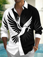 Oceanlyte Men's Graphic Peace Dove And Cross Print Long Sleeve Shirt with Chest Pocket