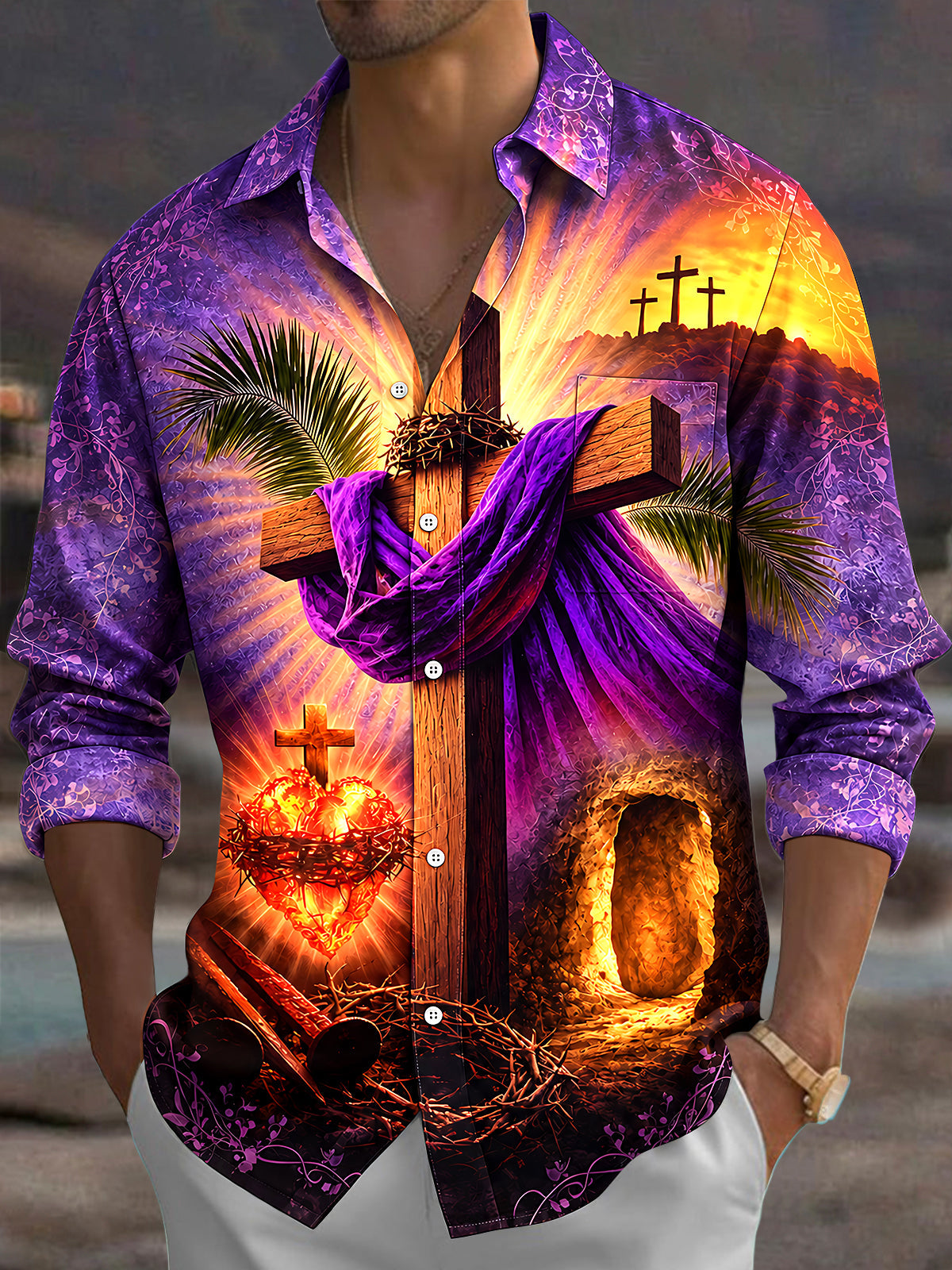 Oceanlyte Men's Long Sleeve Shirt - Easter Christian Resurrection Scene With Cross And Empty Tomb Print with Chest Pocket