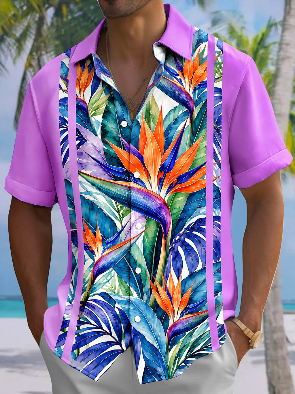 Oceanlyte Men's Short Sleeve Shirt - Bird Of Paradise Flowers And Tropical Leaves Print with Chest Pocket