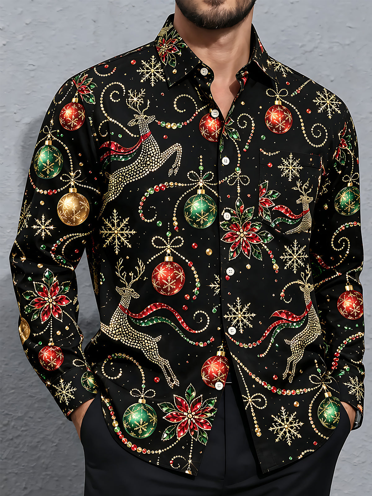 Oceanlyte Men's Printed Christmas Reindeer And Ornaments Print Long Sleeve Shirt with Chest Pocket