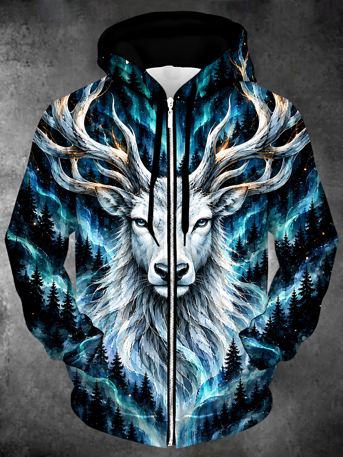 Oceanlyte Men's White Deer And Pine Forest Print Long Sleeve Zip-Up Hoodie with Kangaroo Pocket