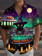 Oceanlyte Men's Graphic Halloween Black Cat And Spider Print Short Sleeve Shirt with Chest Pocket