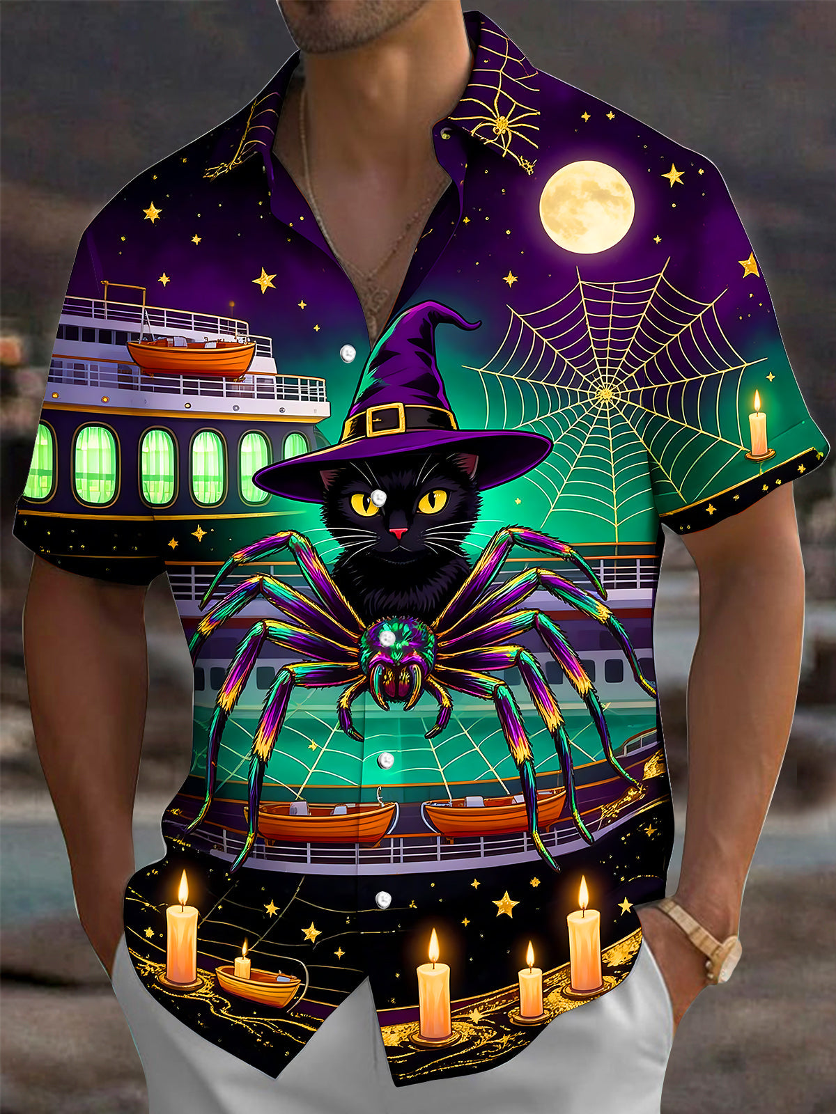 Oceanlyte Men's Graphic Halloween Black Cat And Spider Print Short Sleeve Shirt with Chest Pocket