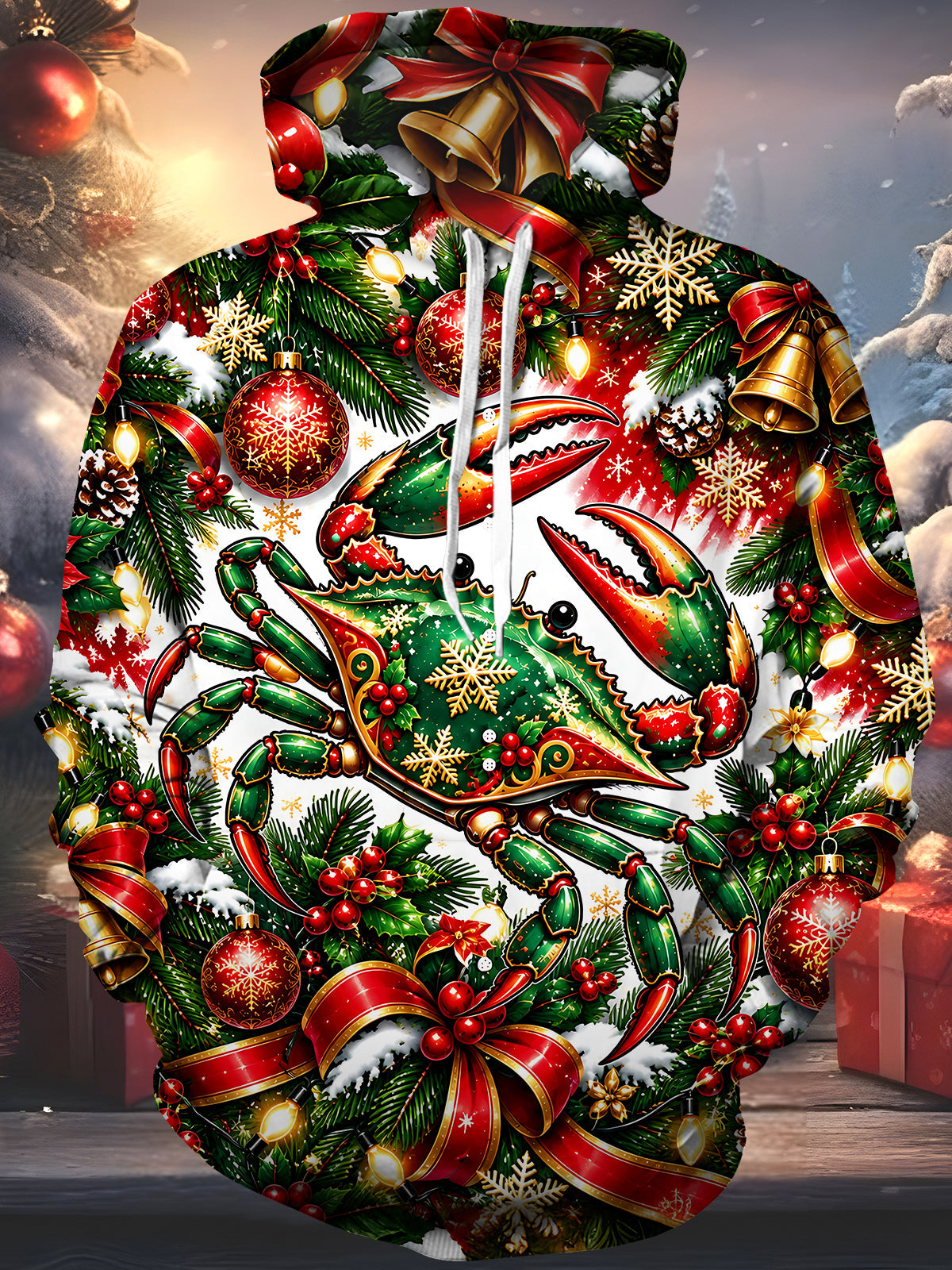 Oceanlyte Men's Graphic Christmas Crab Print Long Sleeve Hoodie with Chest Pocket
