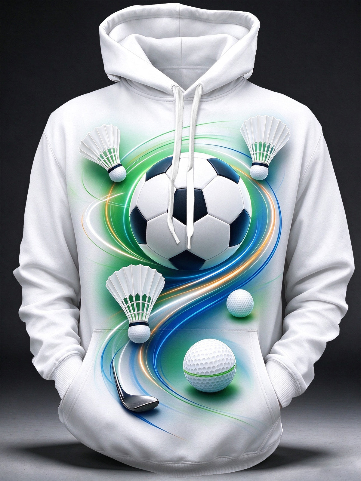Oceanlyte Men's Long Sleeve Pullover Hoodie - Soccer Ball Badminton Shuttlecocks And Golf Balls With Swirling Lines Print with Kangaroo Pocket