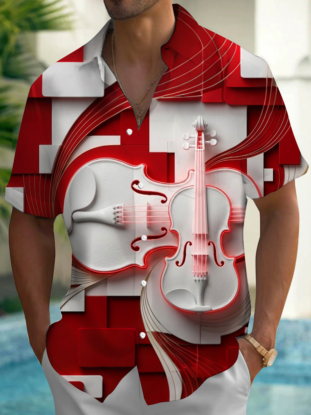 Oceanlyte Men's 3D 3D Violin And Geometric Blocks Print Short Sleeve Shirt with Chest Pocket