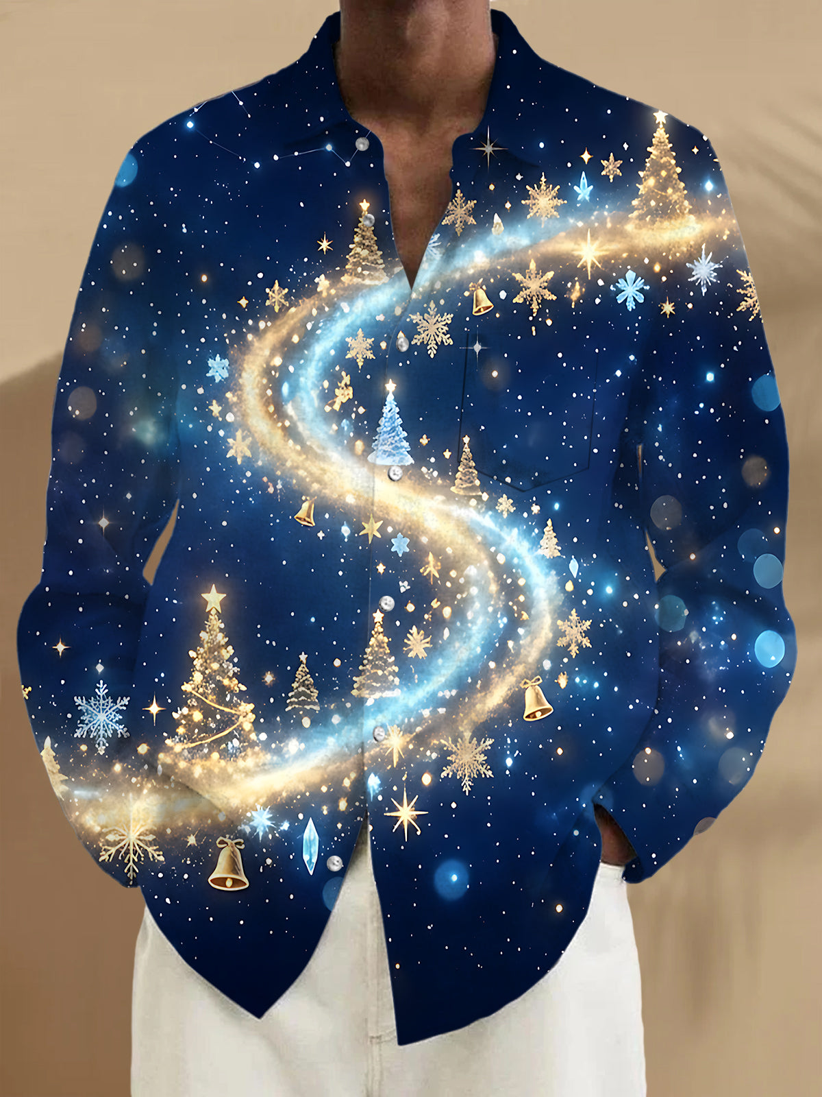 Oceanlyte Men's Long Sleeve Shirt - Abstract Spiral Galaxy With Christmas Trees And Snowflakes Print with Chest Pocket