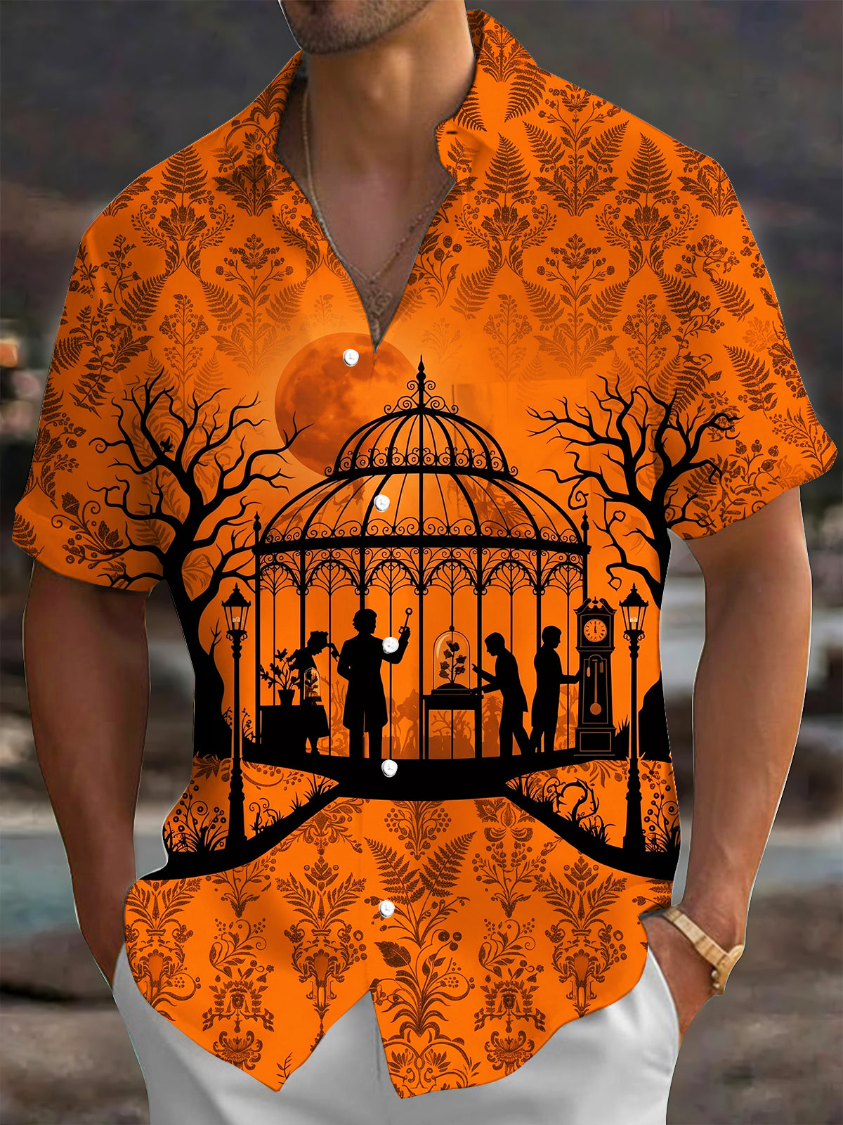 Oceanlyte Men's Short Sleeve Shirt - Halloween Greenhouse Silhouette With Dead Trees And Blood Moon Print with Chest Pocket