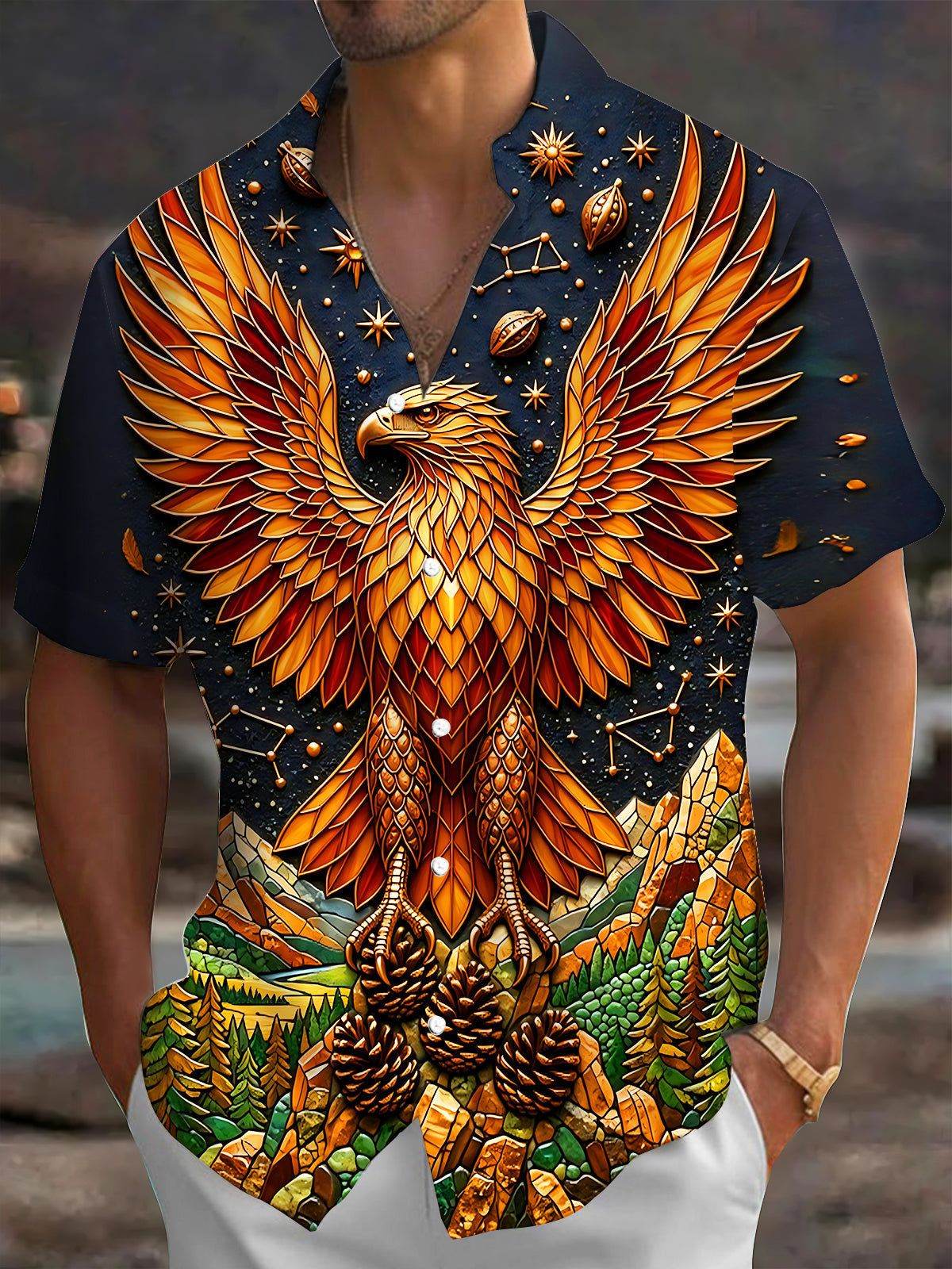 Oceanlyte Men's Graphic Stained Glass Eagle Print Short Sleeve Shirt with Chest Pocket